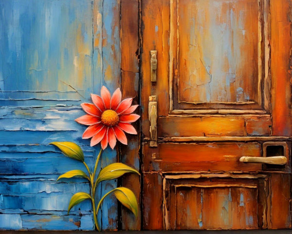 Textured Wooden Door with Colorful Flower Detail