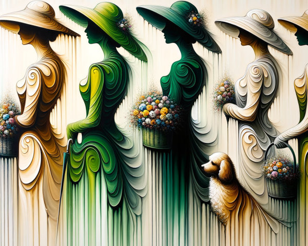 Elegant Figures in Flowing Dresses with Flowers and Dog
