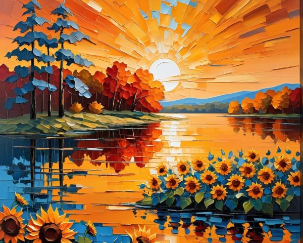 Vibrant Sunset Over Serene Lake with Sunflowers