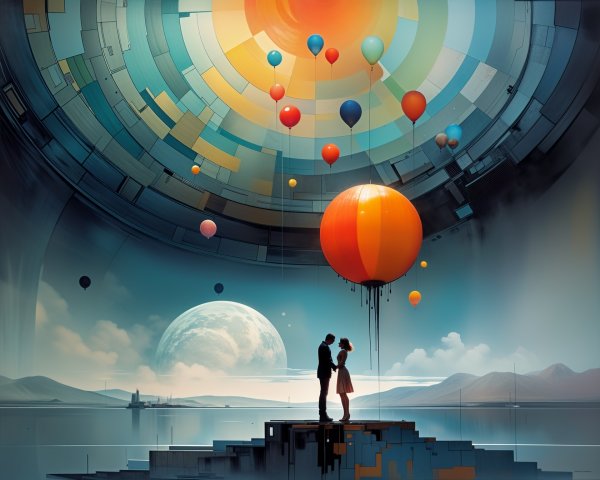 Couple on Geometric Platform Under Surreal Ceiling