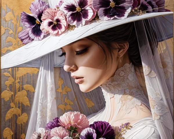 Elegant Portrait of a Woman with Floral Hat and Veil