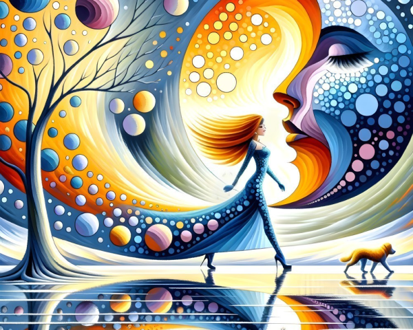 Surreal Scene of Woman and Dog in Colorful Landscape