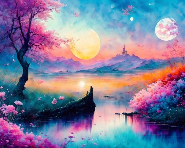 Vibrant Landscape with Lake, Sunset, and Castle