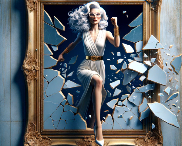 Glamorous Figure in White Gown Breaking Through Frame
