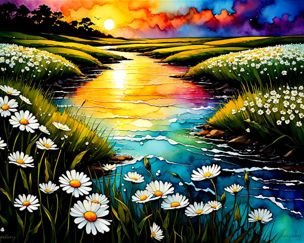 Vibrant Sunset Landscape with Winding River and Fields