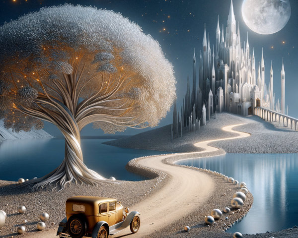 Serene landscape with castle, moon, and vintage car