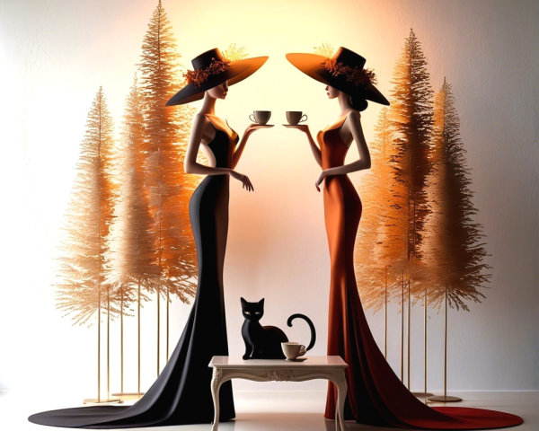 Elegant Women in Long Dresses with Tea Cups