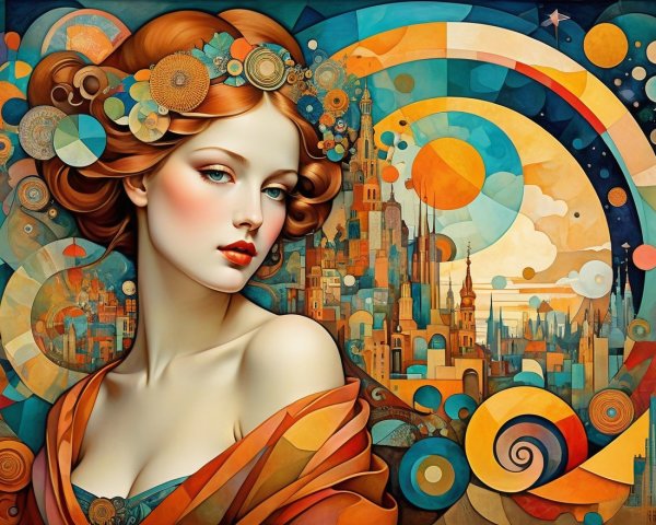 Stylized portrait of a woman with vibrant red hair