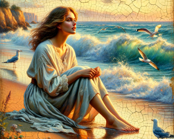 Young woman on beach during sunset with ocean waves