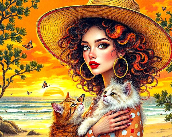 Young woman with cats at sunset beach scene