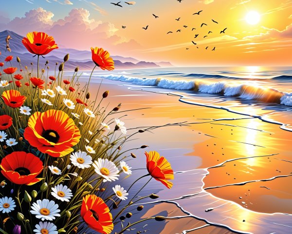 Vibrant Seaside Sunset with Colorful Flowers