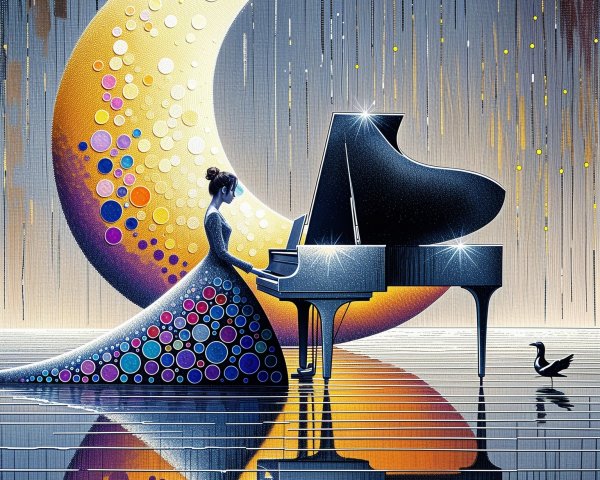 Woman in Polka-Dotted Gown at Grand Piano by Moonlight
