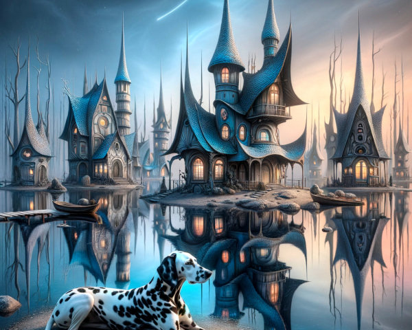 Whimsical Landscape with Fairy-Tale Houses and Twilight Sky