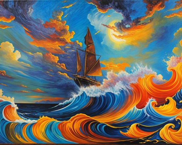 Vibrant Seascape with Majestic Ship and Dramatic Sky