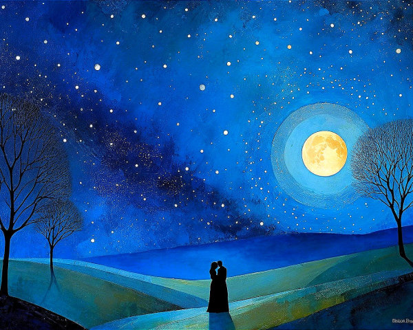 Silhouette of a couple under a starry night sky