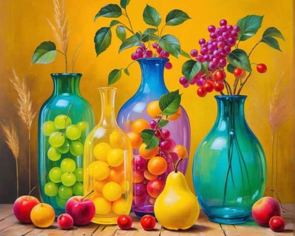 Vibrant Still Life with Colorful Vases and Fruits