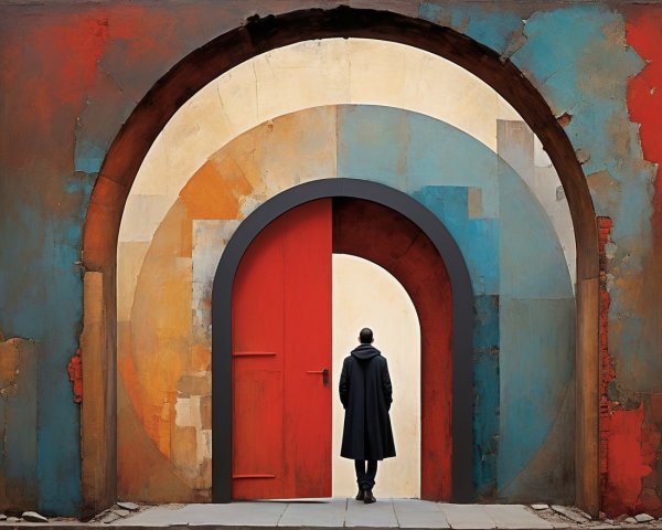 Figure in Black Coat Before Colorful Mural with Doorways