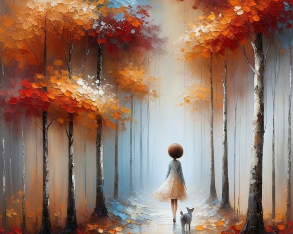Impasto Painting of Girl and Dog in Misty Forest