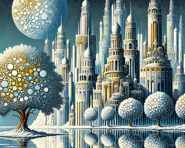 Surreal Landscape with Intricate Cityscape and Moon