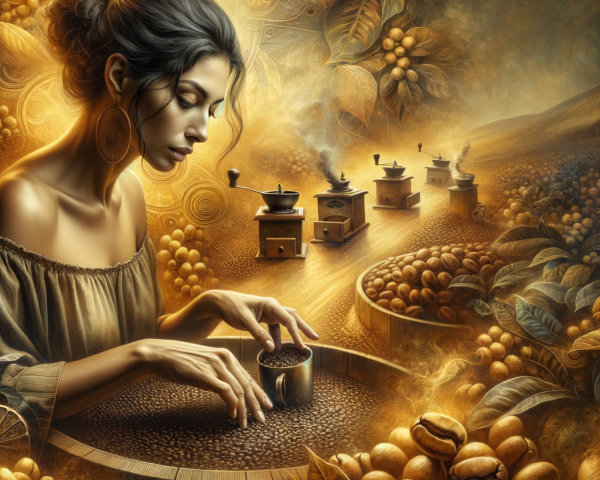 Serene Woman Sifting Coffee Beans in Nature's Beauty