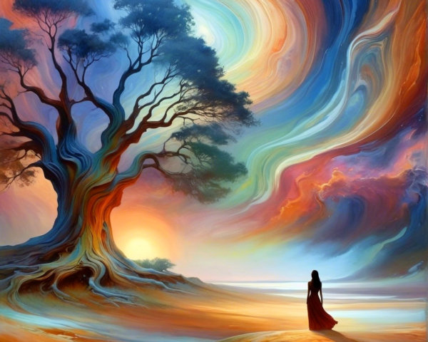 Vibrant Landscape with Majestic Tree and Cosmic Sky