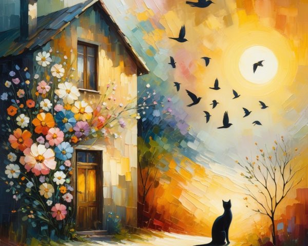 Vibrant Oil Painting of a Rustic House and Flowers