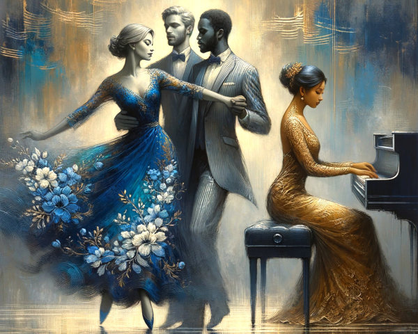 Elegant Couples Dancing and Playing Piano in Art Scene