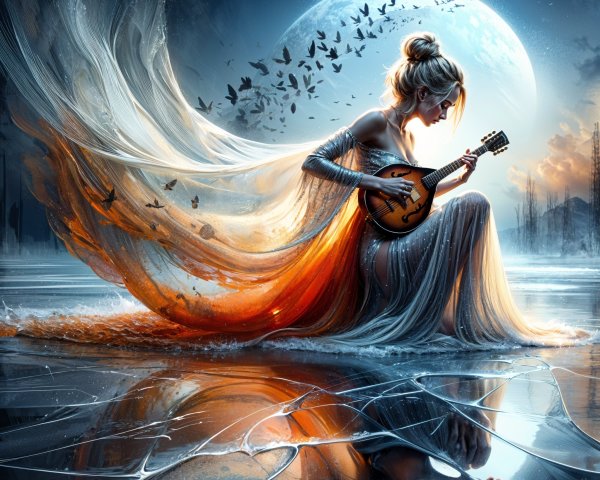 Serene Figure Playing Mandolin in Ethereal Landscape