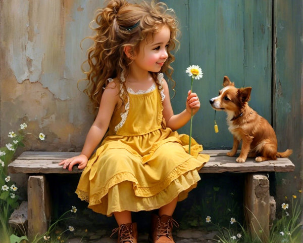Young girl in yellow dress with dog on wooden bench