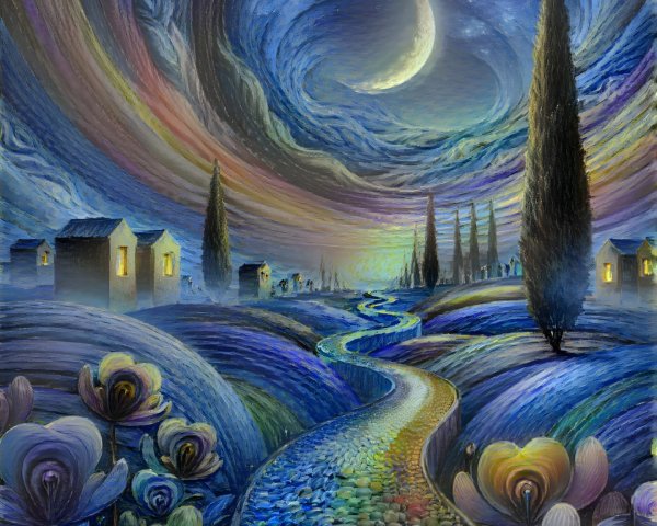 Whimsical Landscape with Starry Night Sky and Moon