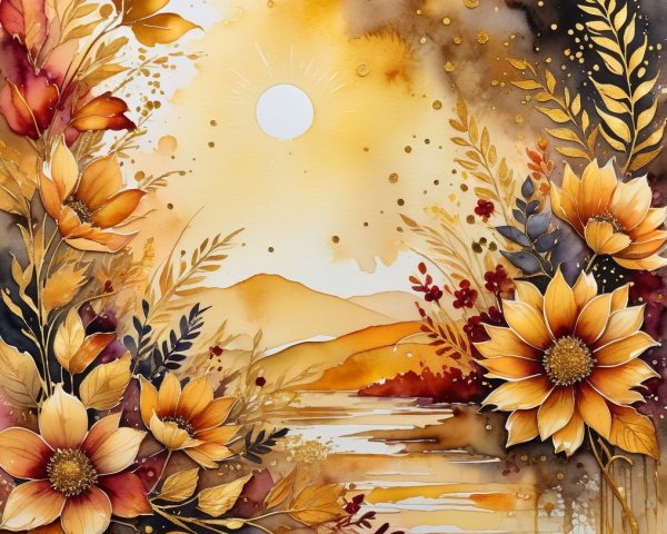 Golden Landscape with River and Autumn Foliage