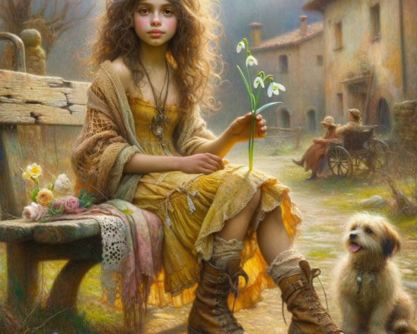 Young girl in yellow dress with dog in village setting