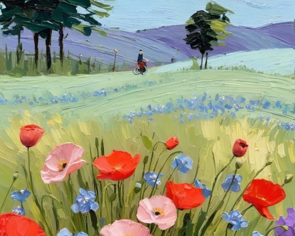 Impasto Painting of Meadow with Poppies and Hills