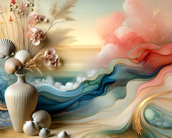 Abstract Scene with Vase, Flowers, and Coastal Waves