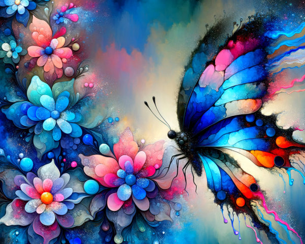 Colorful Butterfly Artwork with Stylized Flowers