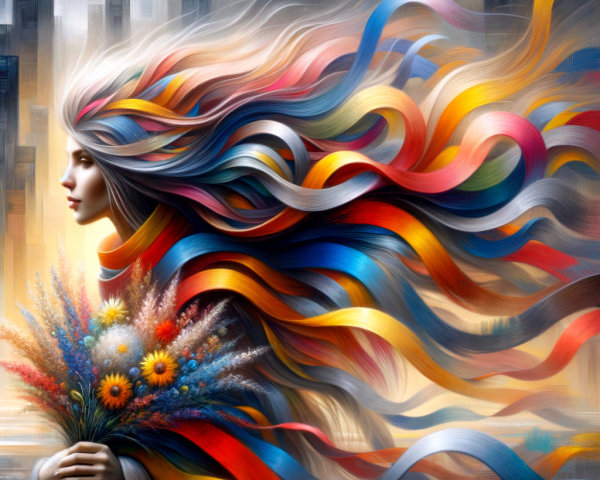 Vibrant Portrait of Woman with Colorful Ribbon Hair