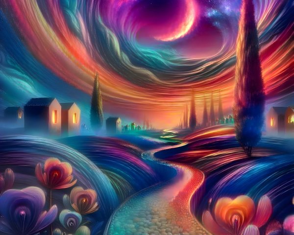 Surreal Landscape with Colorful Clouds and Moonlight