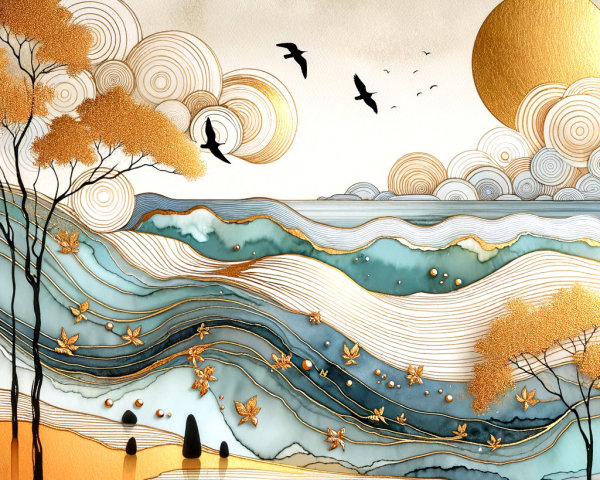 Serene Landscape with Waves, Trees, and Golden Sun