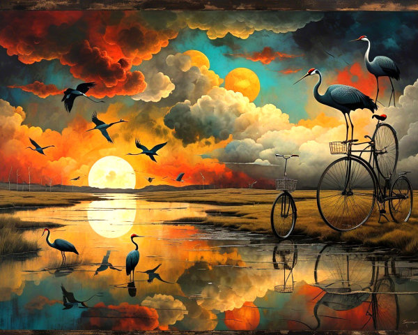 Serene landscape with sunset, cranes, and water reflections