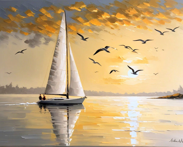 Serene Sunset with Sailboat and Seagulls Over Water