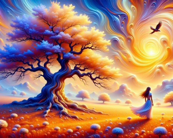 Surreal Landscape with Twisting Tree and Flowing Figure