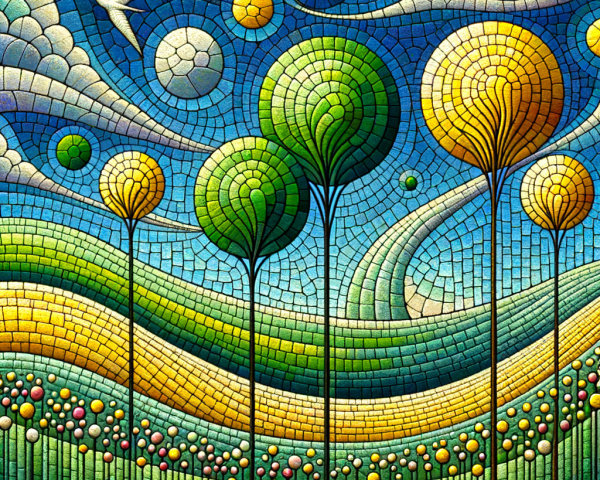 Vibrant Mosaic Landscape with Stylized Trees and Planets