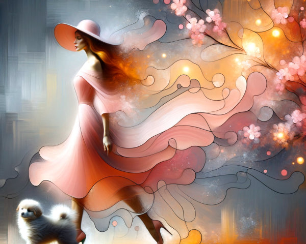 Graceful woman in pink dress with white dog and blossoms