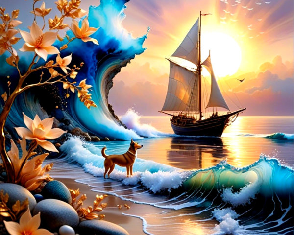 Serene Seascape at Sunset with Sailing Ship and Dog