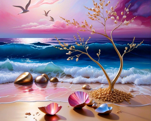Surreal Beach Scene with Golden Tree and Pastel Skies