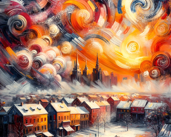 Vibrant winter cityscape with colorful swirling sky