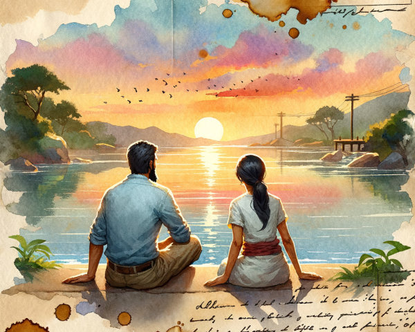 Watercolor Painting of Couple at Sunset by Water