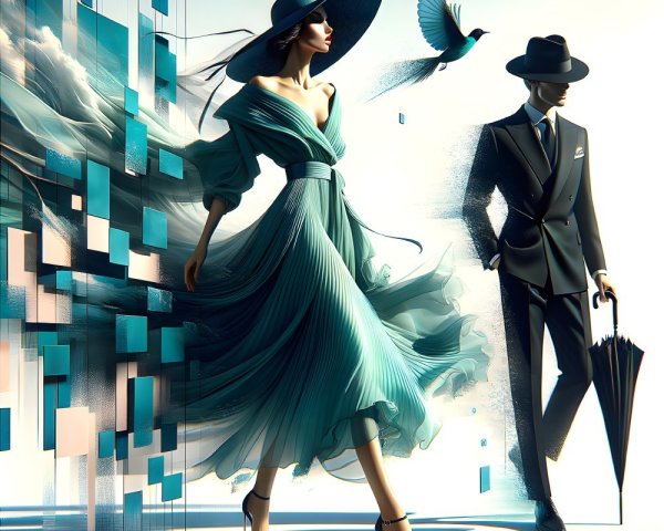 Elegant Woman and Man in Stylish Attire with Abstract Background