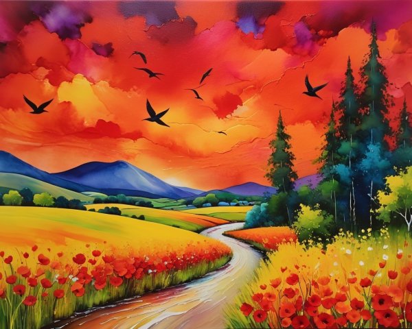 Vibrant Landscape with River and Colorful Flowers