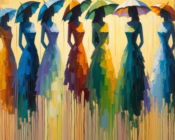 Abstract Artwork of Colorful Silhouettes with Umbrellas
